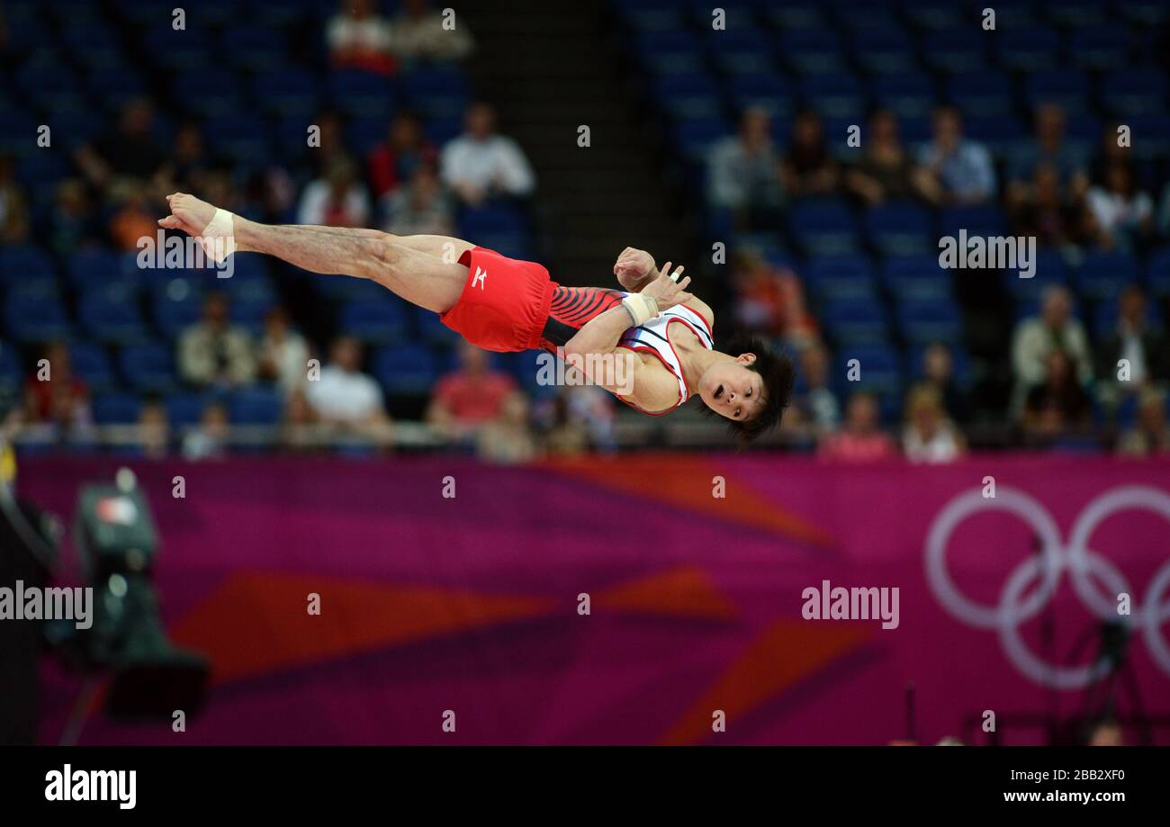 Japan's Kohei Uchimura competes during the Artistic Gymnastics men's Floor final at the North Greenwich Arena, London Stock Photo