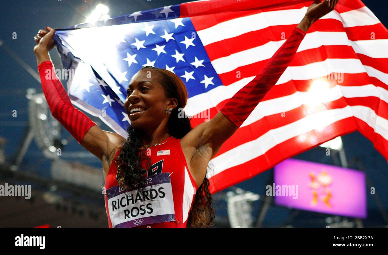 USA's Sonya RichardsRoss celebrates winning the women's 400 metre