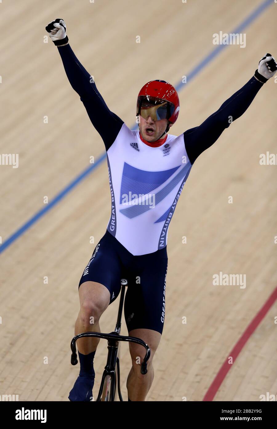Great Britain's Jason Kenny celebrates winning Gold in the Men's Sprint. Stock Photo