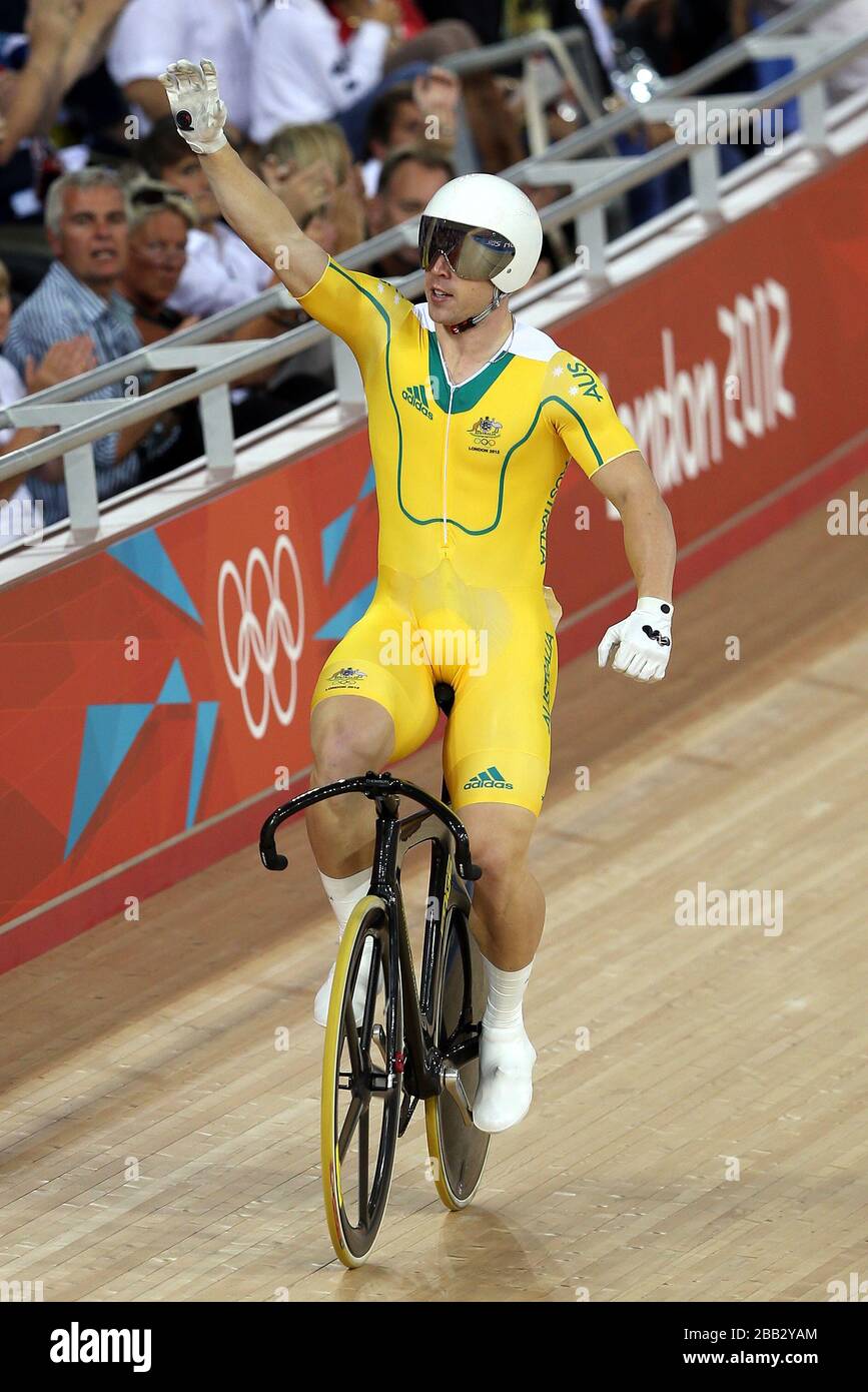 Australia's Shane Perkins celebrates winning Bronze in the Men's Sprint. Stock Photo