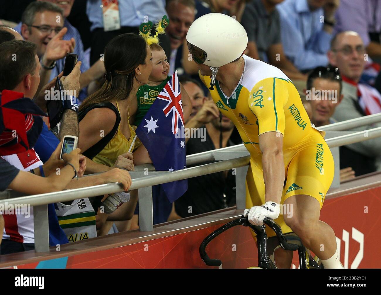 Australia's Shane Perkins celebrates winning Bronze in the Men's Sprint with his family. Stock Photo