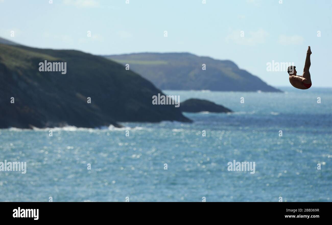 Mexico's Jonathan Paredes  during day two of the Red Bull Cliff Diving World Series at the Blue Lagoon in Abereiddy Stock Photo