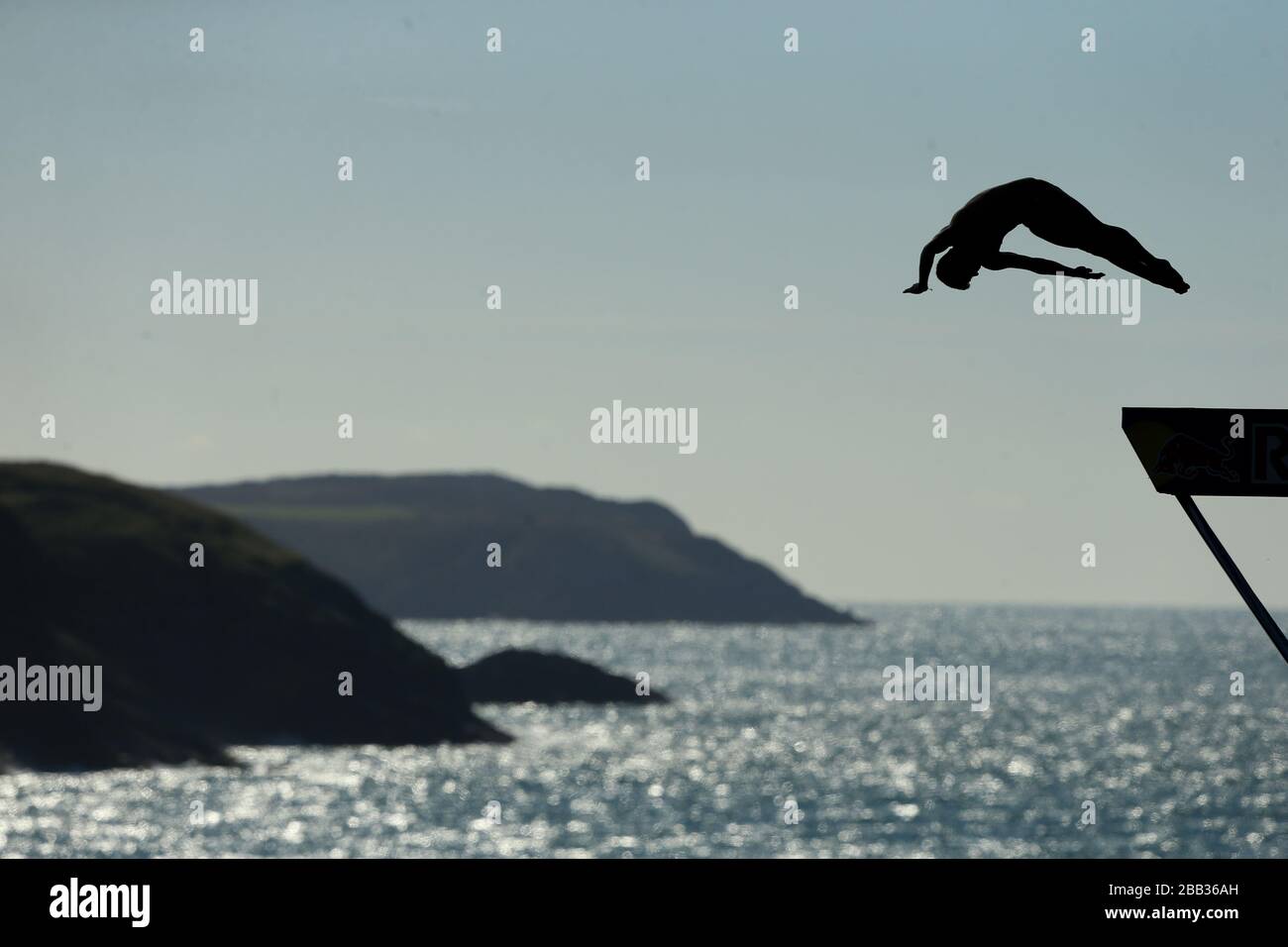USA's Steve Lobue  during day two  of the Red Bull Cliff Diving World Series at the Blue Lagoon in Abereiddy. Stock Photo