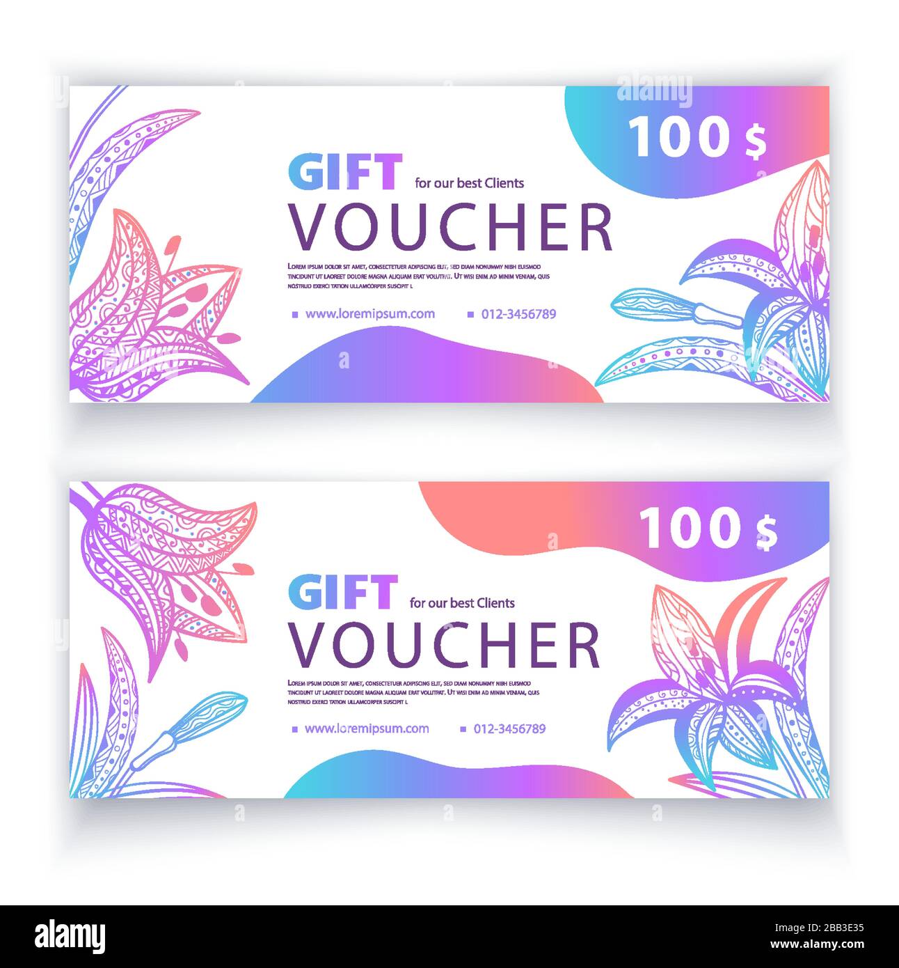 Voucher template multicolored vibrant ornamental lilies on white ...