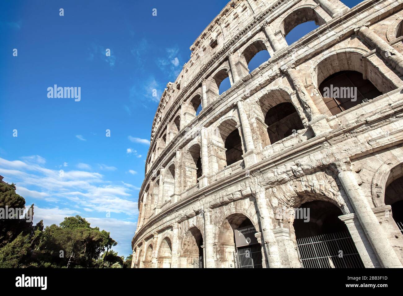 Exterior view of the four tiers and distinctive arches of the Colosseum, Rome Stock Photo