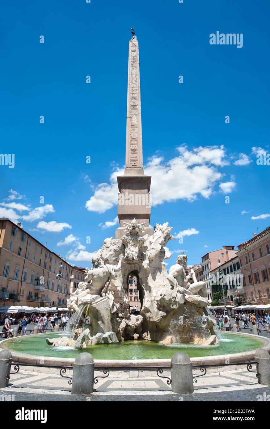 The Fountain of the Four Rivers (Fontana dei Quattro Fiumi) topped by the Obelisk of Domitian, in the Piazza Navona, Rome Stock Photo
