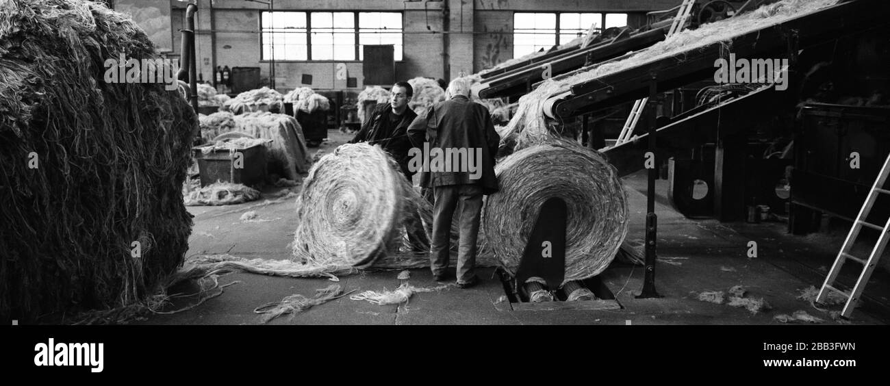 Two workers handling circular bales of jute at Tay Spinners mill in Dundee, Scotland. This factory was the last jute spinning mill in Europe when it closed for the final time in 1998. The city of Dundee had been famous throughout history for the three 'Js' - jute, jam and journalism. Stock Photo