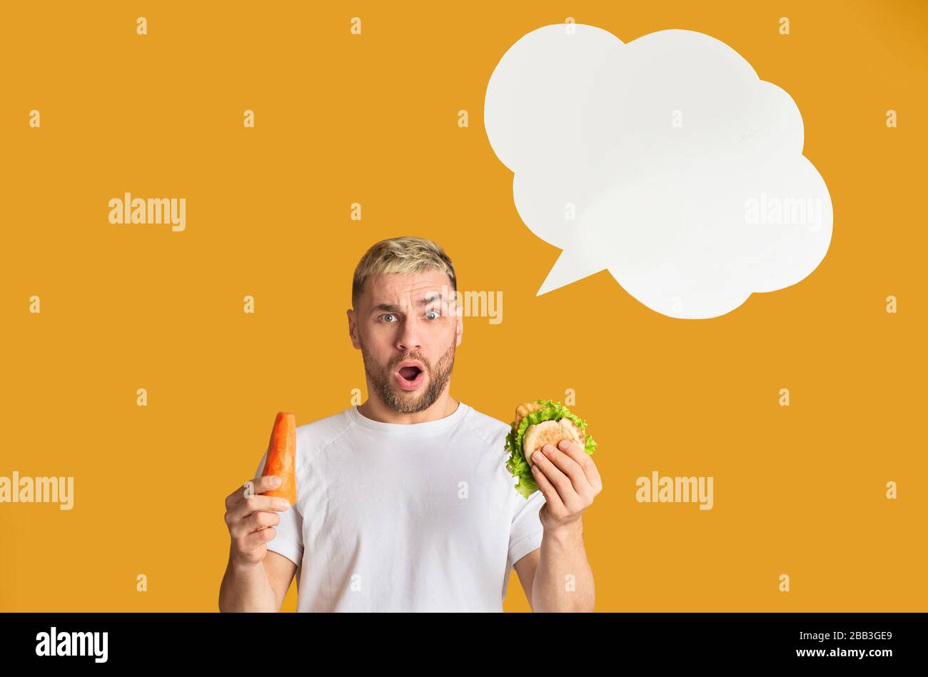 Thinking bubble. Man rejection of junk food Stock Photo