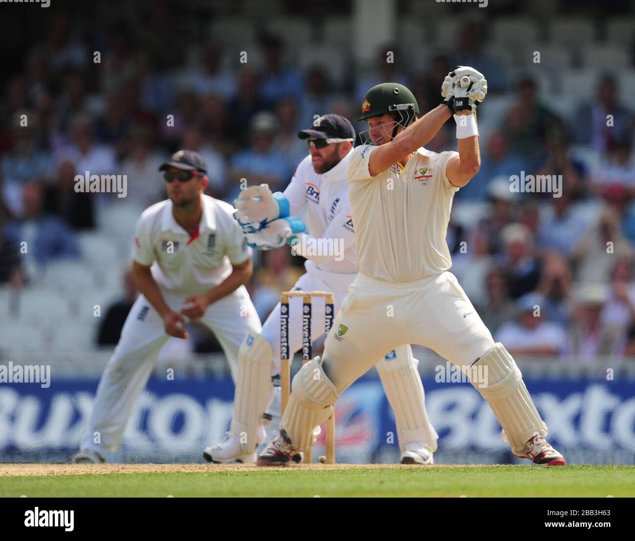 Australia's Shane Watson hits four runs during day one of the Fifth Investec Ashes Test match at The Kia Oval, London. Stock Photo