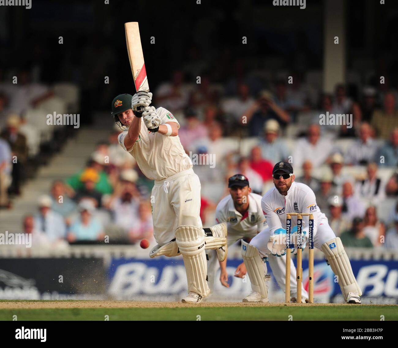 Australia's Steve Smith hits out for four runs during day one of the Fifth Investec Ashes Test match at The Kia Oval, London. Stock Photo