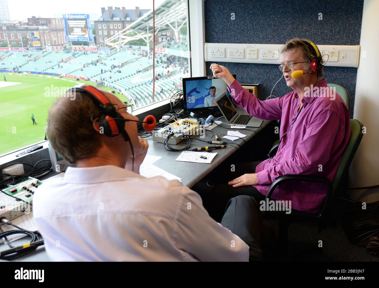 Paul Merton is interviewed by BBC's Jonathan Agnew on Test Match Special's 'From the Boundary's Edge' on day four of the Fifth Ashes test at the Kia Oval Stock Photo