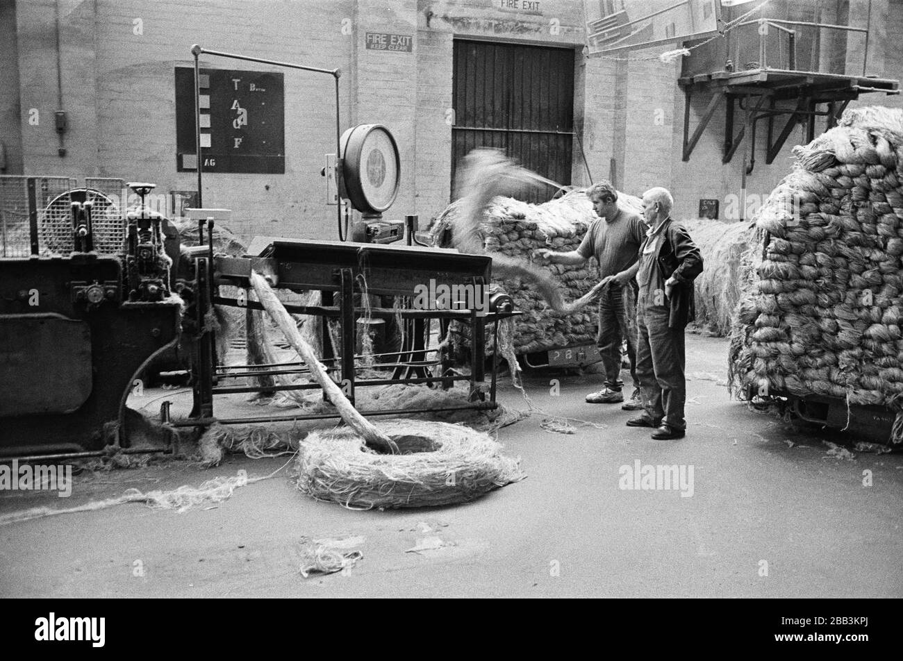 Two workers feeding jute into a machine at Tay Spinners mill in Dundee, Scotland. This factory was the last jute spinning mill in Europe when it closed for the final time in 1998. The city of Dundee had been famous throughout history for the three 'Js' - jute, jam and journalism. Stock Photo
