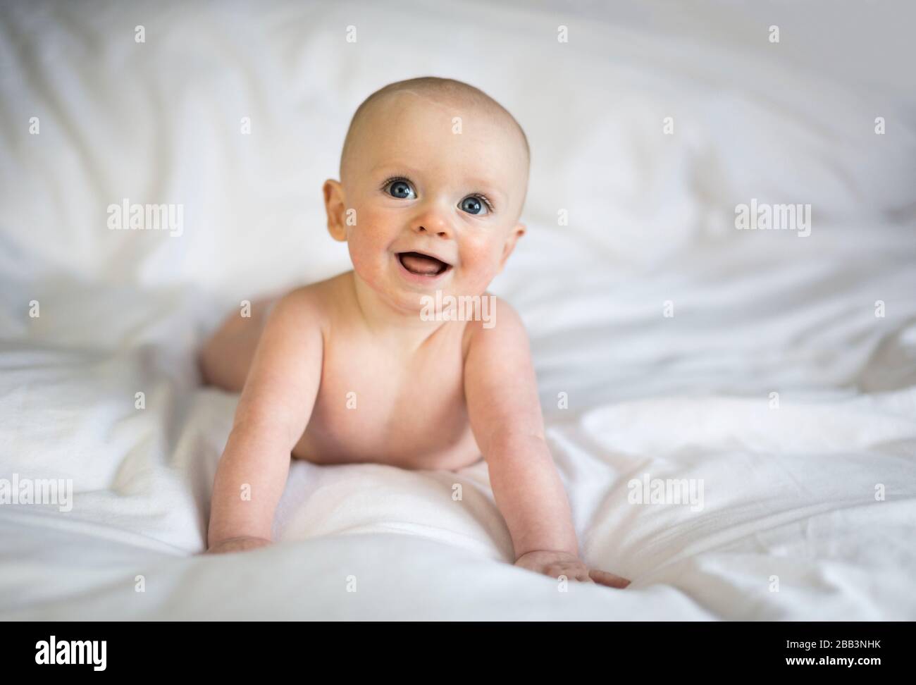 Baby boy, 5 months old, lying on a bed, UK Stock Photo