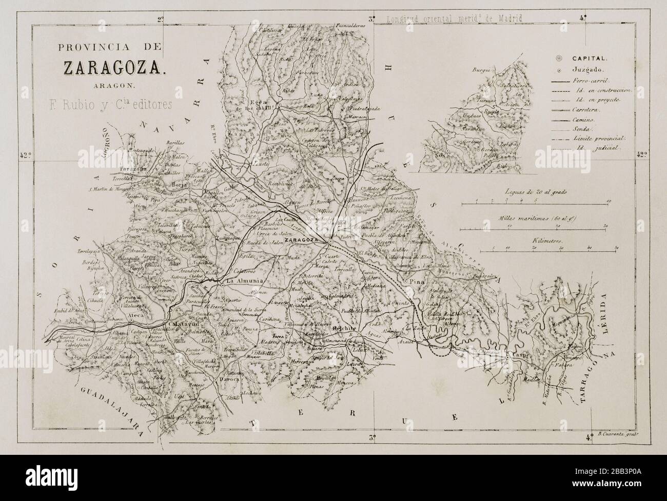 Spain, Aragon. Map of the Zaragoza province. Cronica General de España, Historia Ilustrada y Descriptiva de sus Provincias. Aragon, 1866. Stock Photo