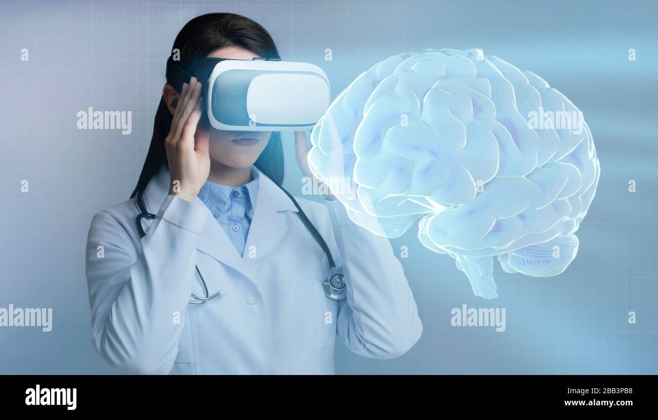 Innovative medicine. Female doctor using virtual reality headset
