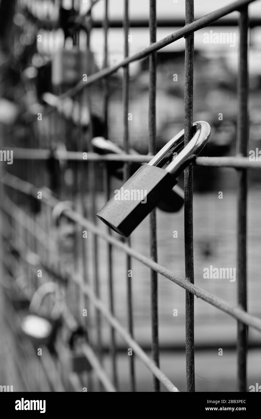 Lovers padlocks placed on a fence by the River Exe in the centre of the City of Exeter, Devon, UK. Lovers put padlocks on fences to pledge love. Stock Photo