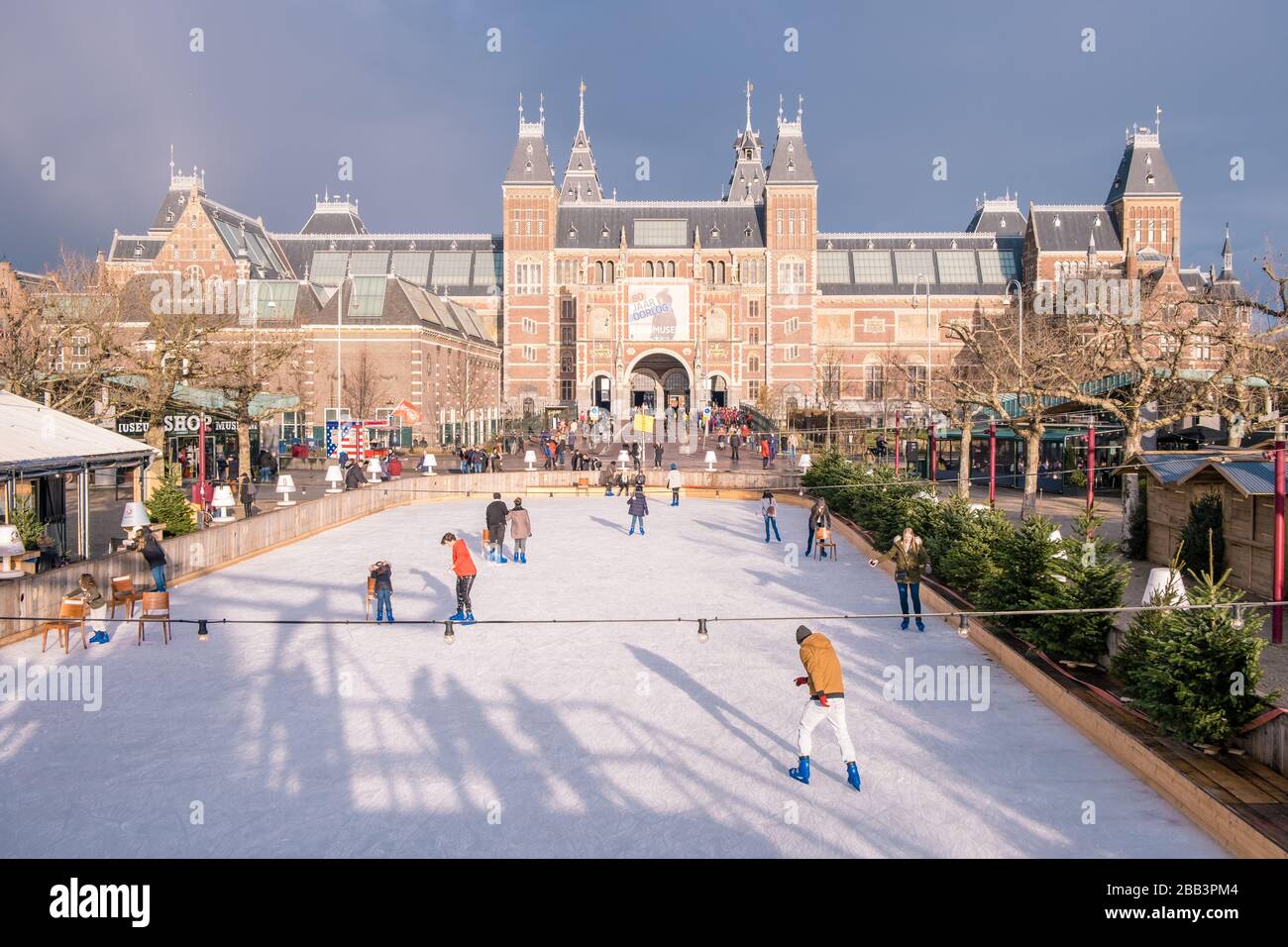 Amsterdam city Netherlands November 2019 Ice rink Rijksmuseum on a bright day during winter in the netherlands Stock Photo