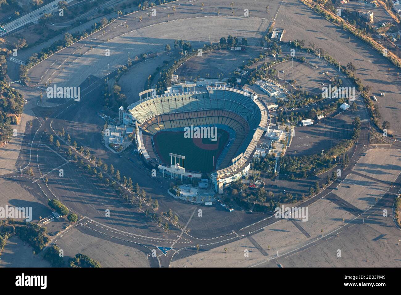 General overall aerial view of Dodger Stadium during a flight around ...