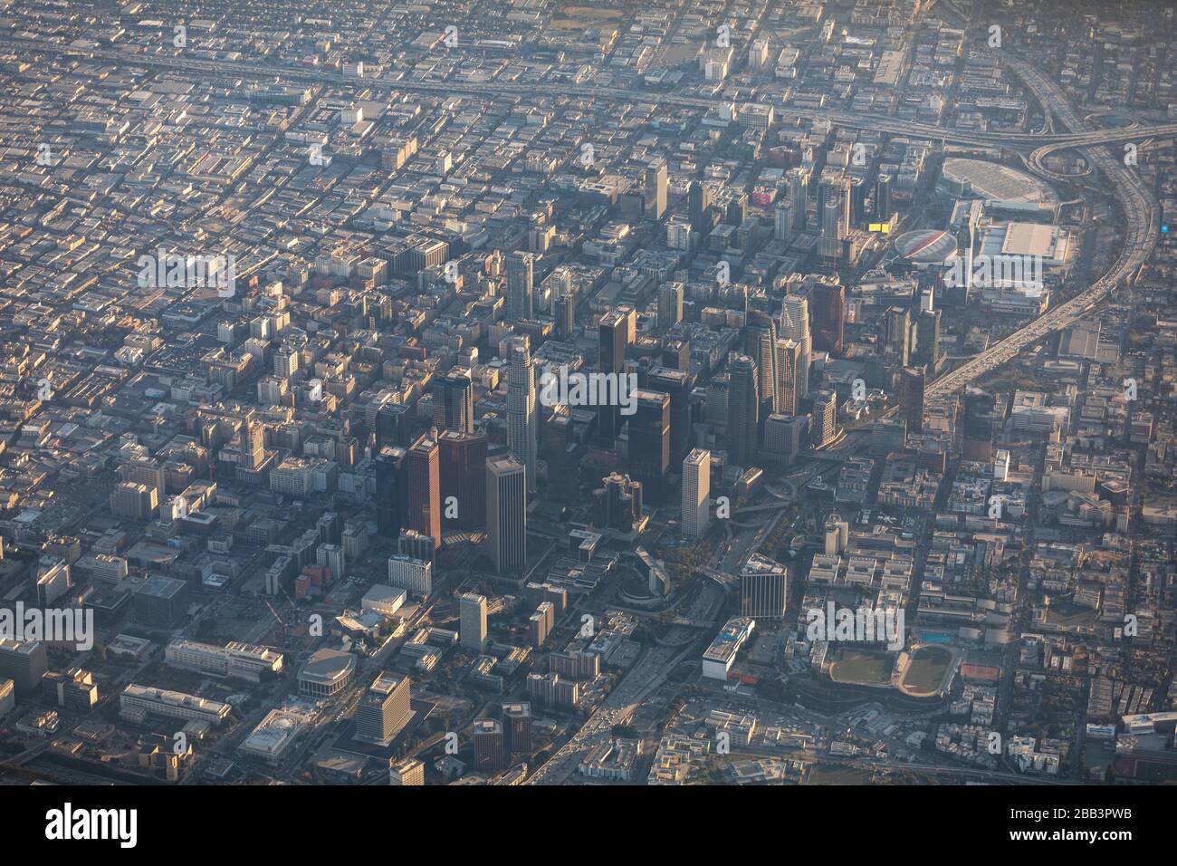 General overall aerial view of downtown Los Angeles during a flight around Southern California on Saturday, October 5, 2019, in Los Angeles, California, USA. (Photo by IOS/Espa-Images) Stock Photo