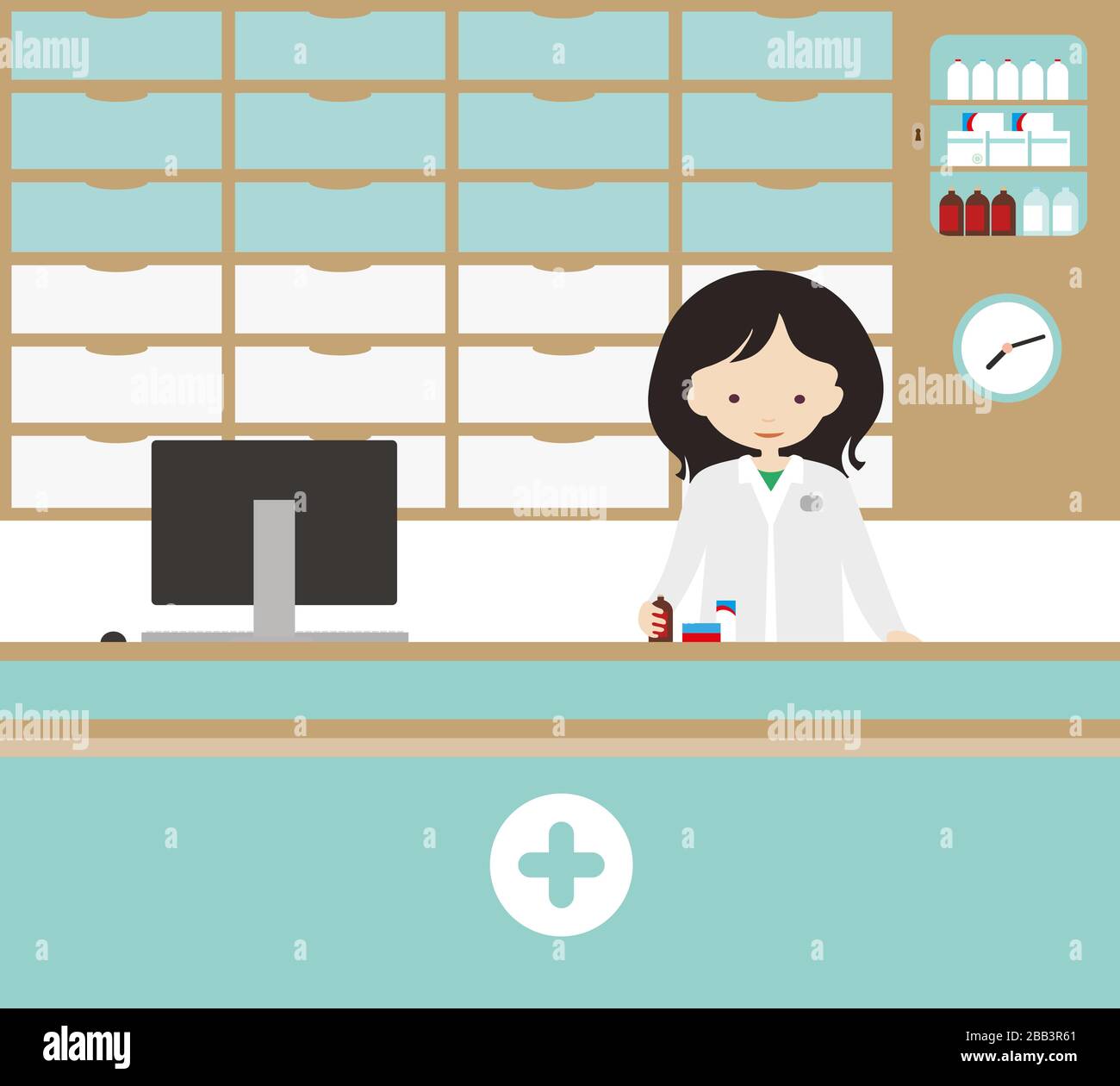 Cartoon illustration of a saleswoman or doctor in a pharmacy with drawers and showcases for medicines and tablets. Simple clock on the wall, computer Stock Vector