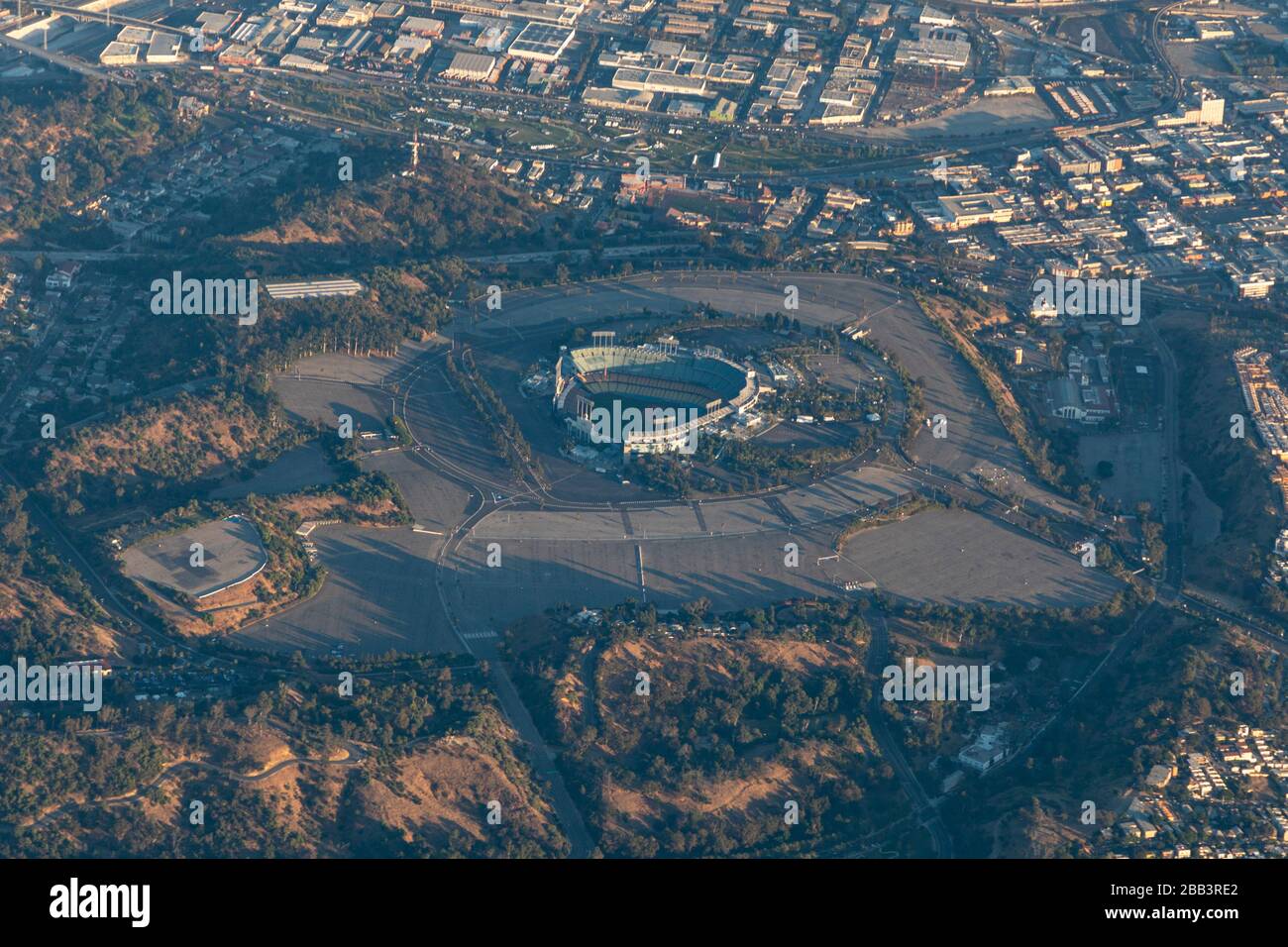 General overall aerial view of Dodger Stadium during a flight around ...