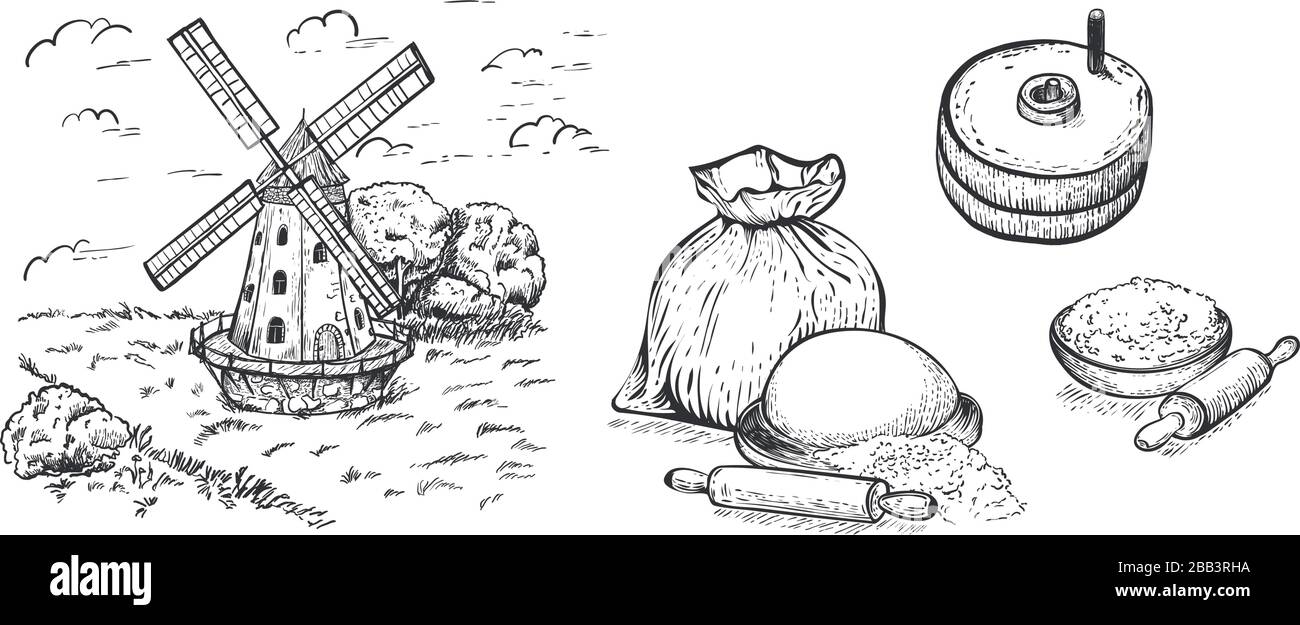 Set of flour, hand mill, windmill, wheat, grain, ingredients. Hand