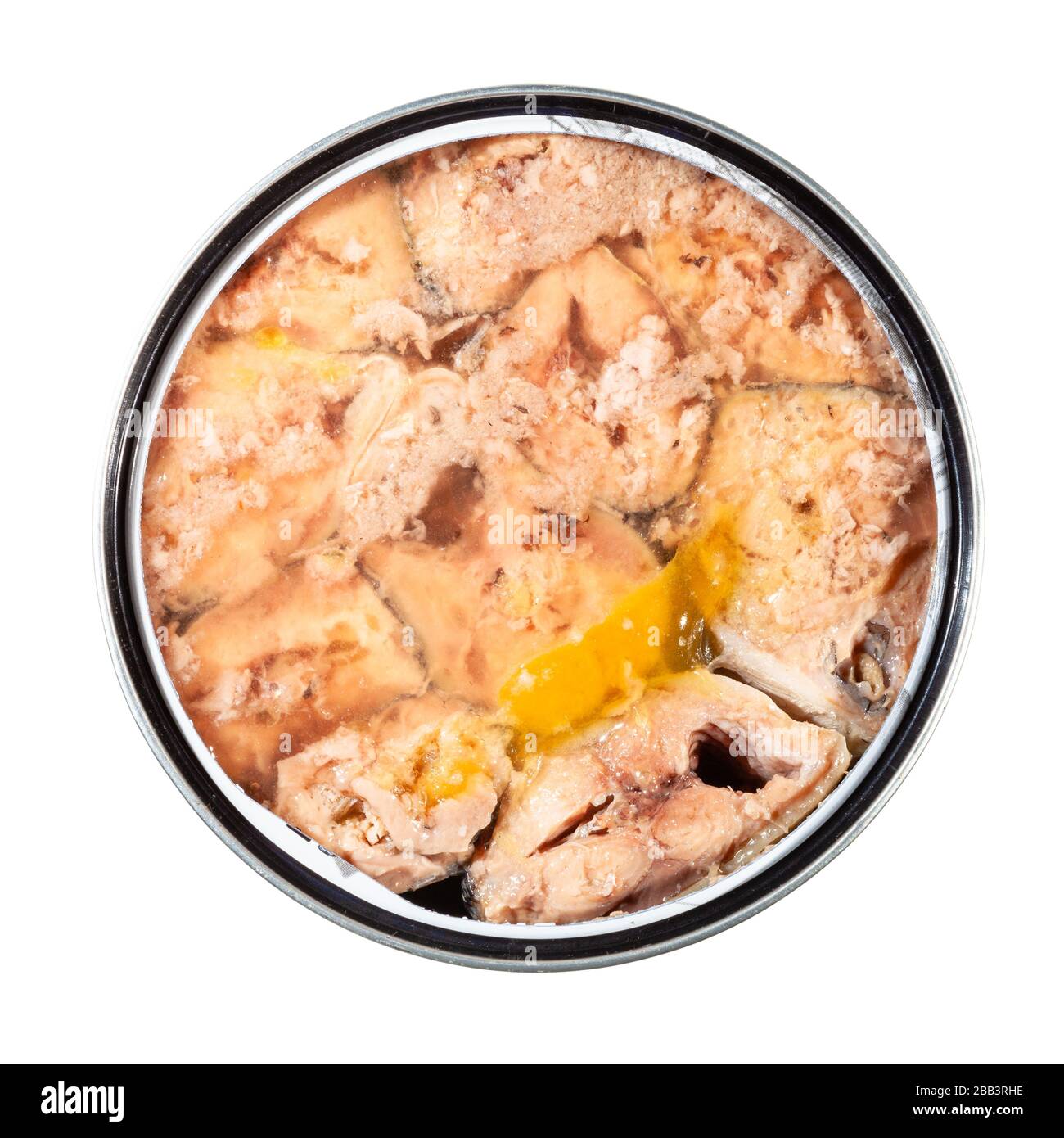 top view of canned fish isolated on white background - saury in its own juice Stock Photo
