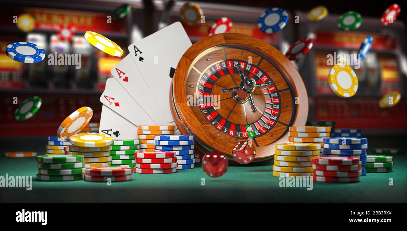 Casino jackpot and gambling concept background. Roulette. cards, dice and  casino chips on slot machine background. 3d illustration Stock Photo - Alamy