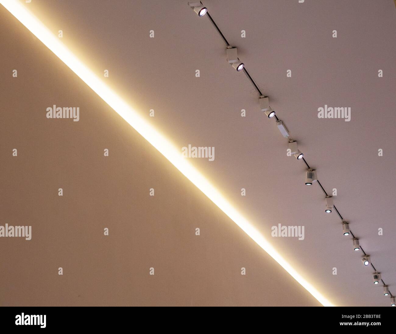 Interior view showing strip lighting in Design museum, Holland Park