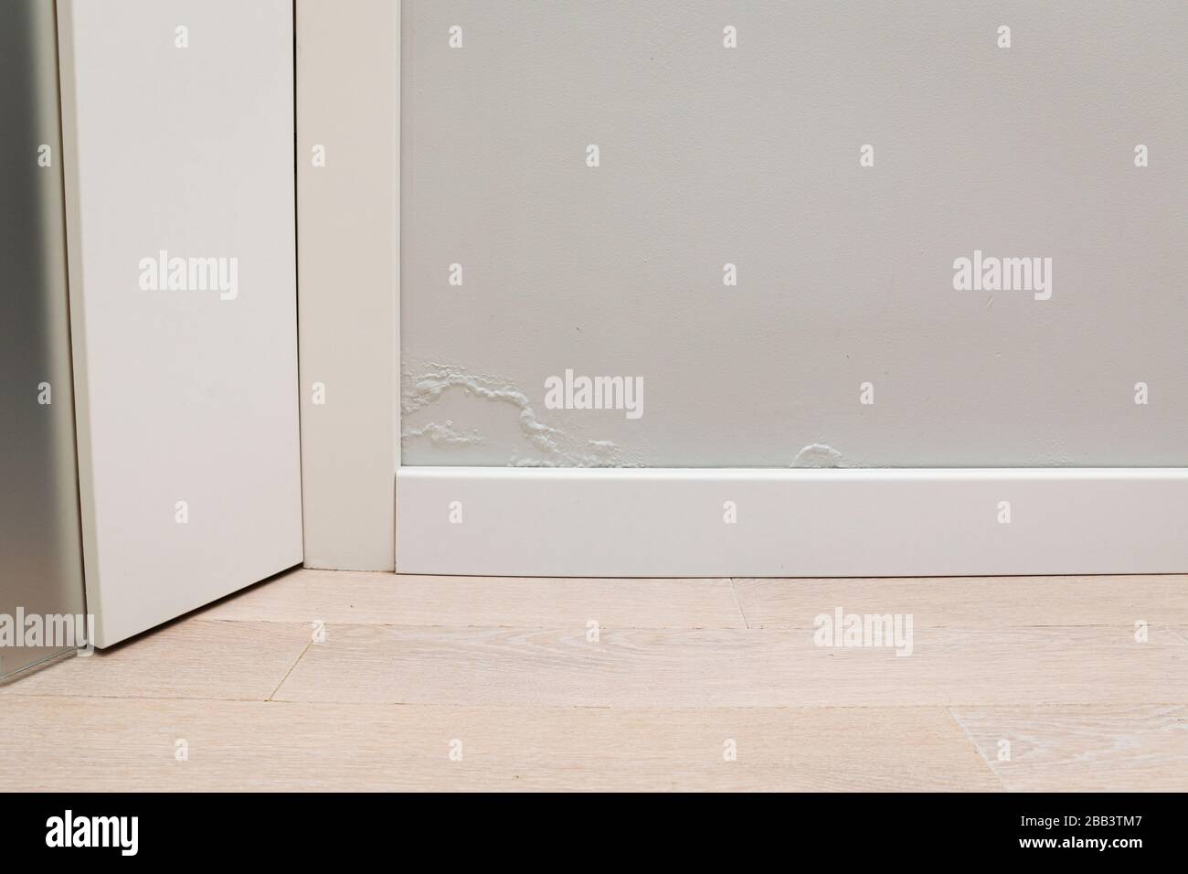 Fungus on the wall in a freshly renovated apartment. Poor waterproofing. Problem in rainy, it's moisture on the wall. Stock Photo