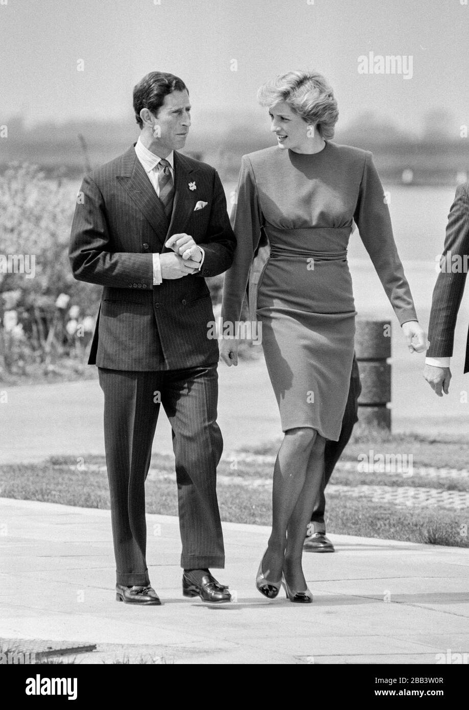 The Prince and Princess of Wales leaving London's Heathrow Airport in April 1987. Stock Photo