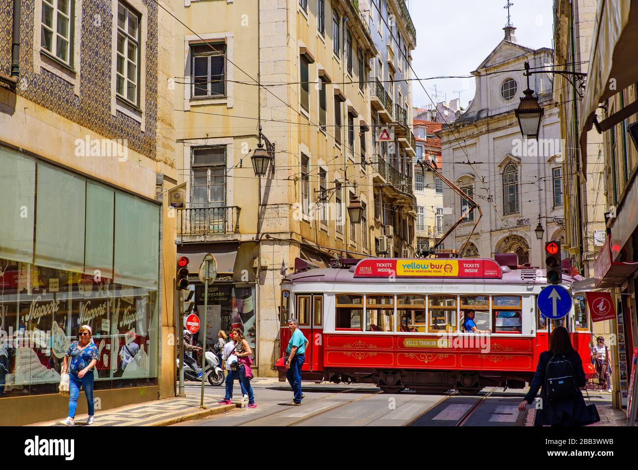 Tram running on the street in Lisbon, Portugal Stock Photo