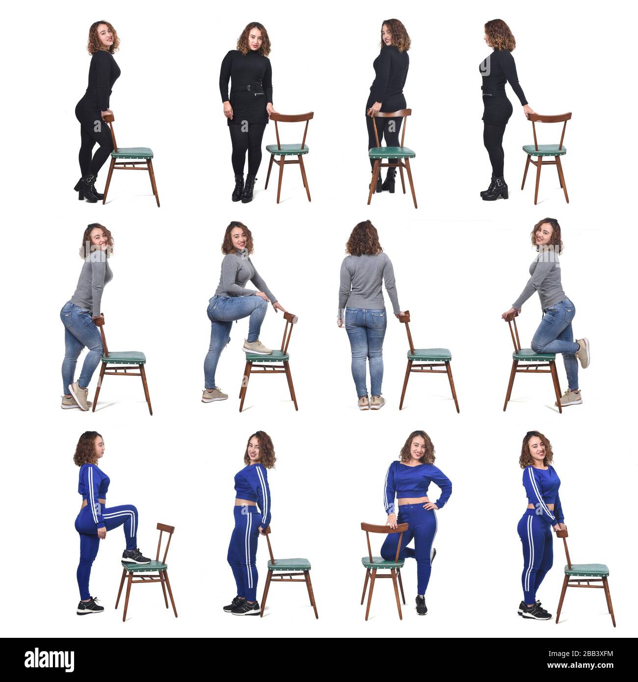 large group of a same woman playing with a chair con diferentes formas de  vestir on white background Stock Photo - Alamy