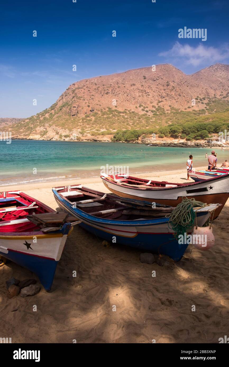 Colorful Fisher Boats In Tarrafal Beach In Santiago Island In Cape Verde Cabo Verde Stock Photo Alamy