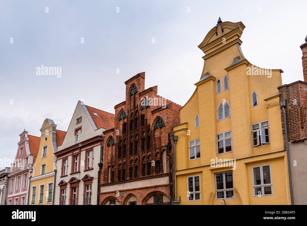 Traditional colorful houses with gable in the old town of Stralsund