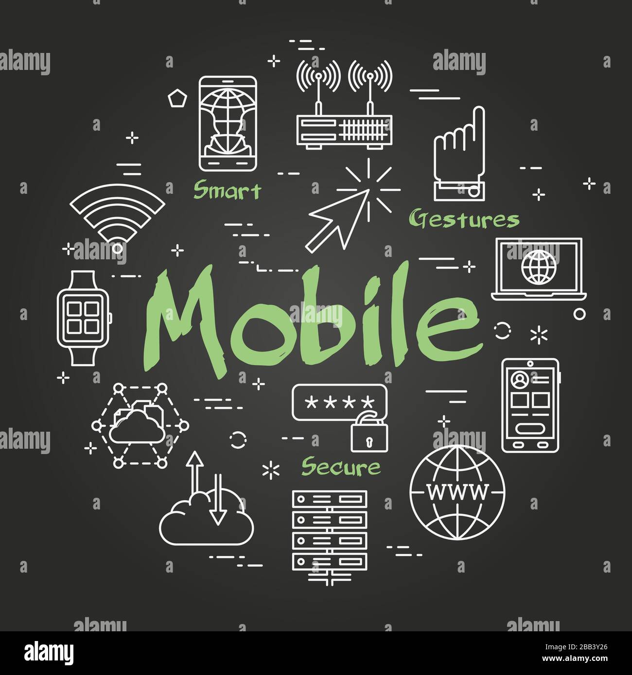 Vector black linear concept of internet mobile - smart technologies ...