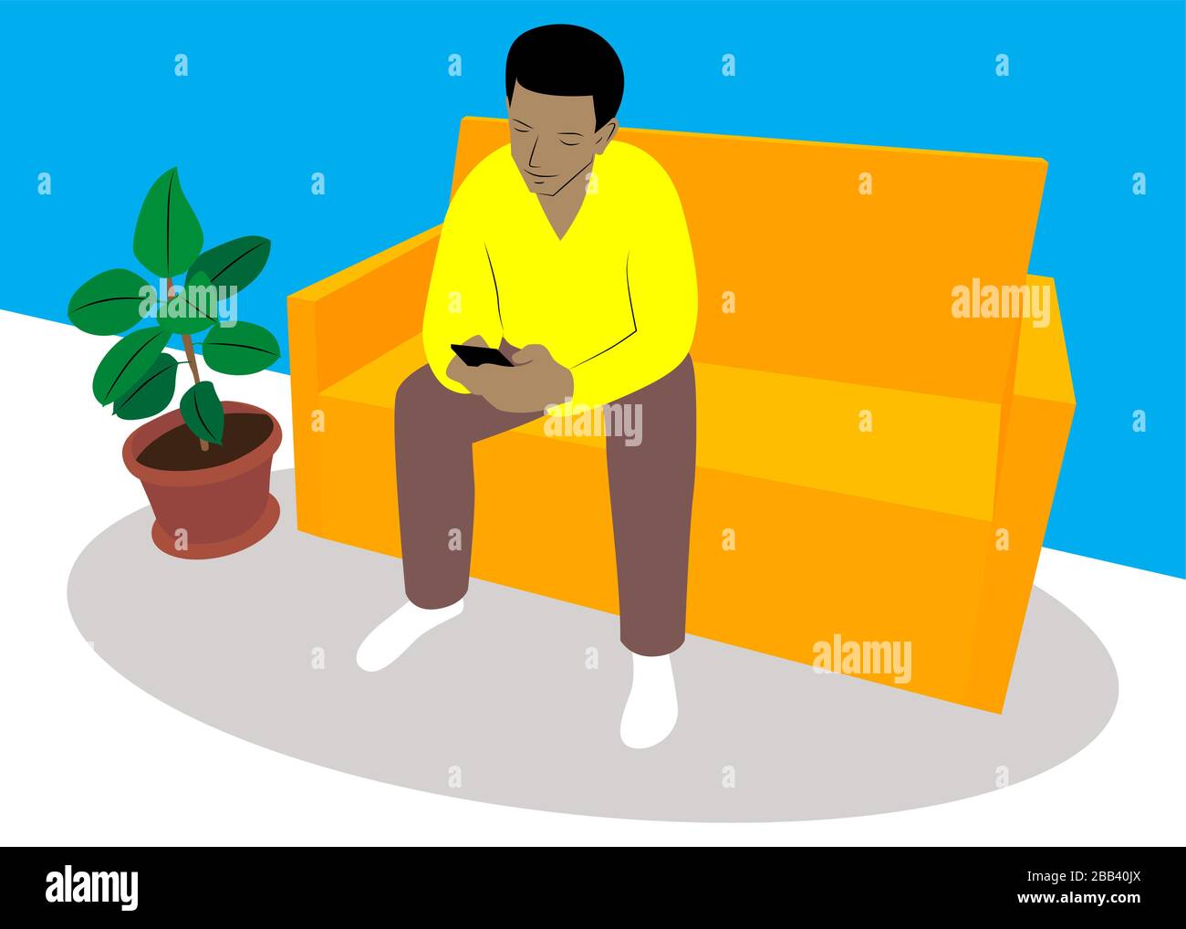 Black young man using smart phone while relaxing or working at home. Downloading app, surfing internet on mobile, messaging friends online and checkin Stock Vector