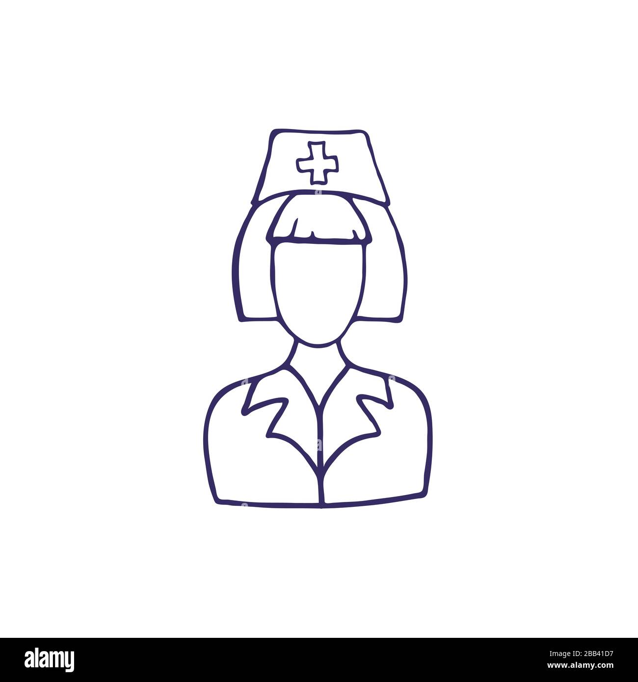 Black hand drawn nurse face icon, wearing hat with cross, isolated on white background. Medical symbol. Doodle vector illustration. Stock Vector