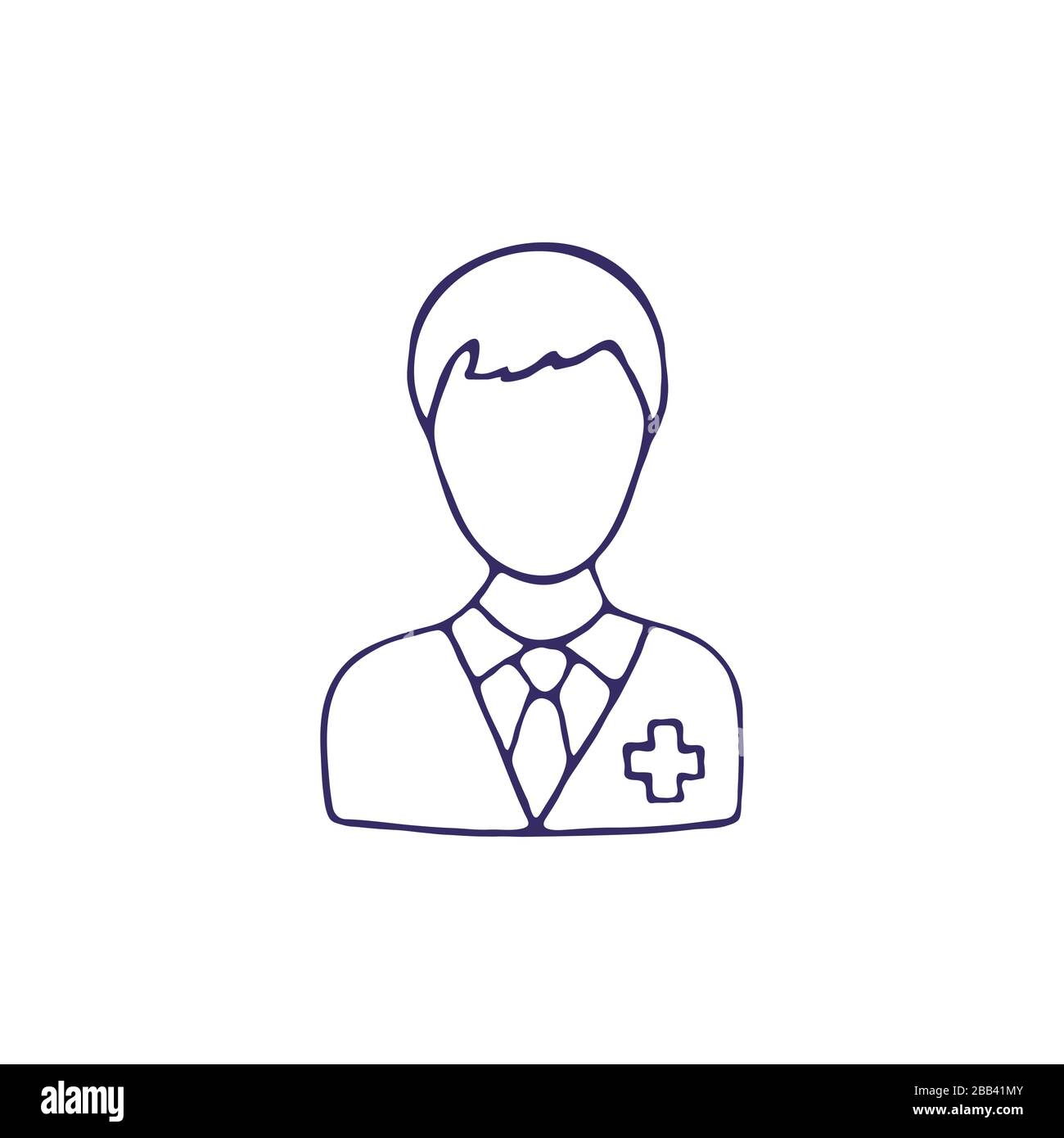 Black hand drawn doctor face icon on white background. Medical symbol. Doodle vector illustration. Stock Vector