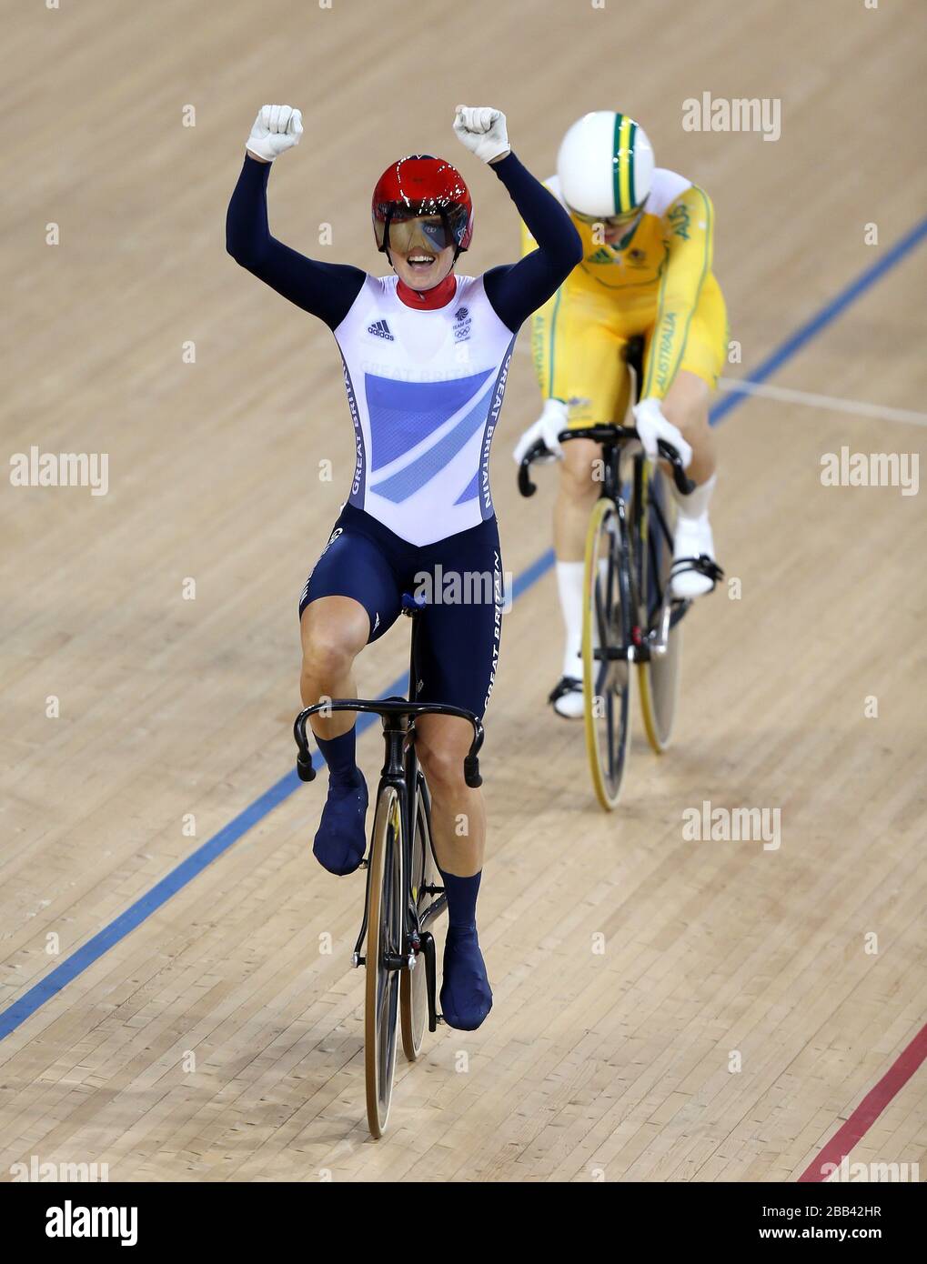 Great Britain's Victoria Pendleton celebrates her victory in the Kierin. Stock Photo