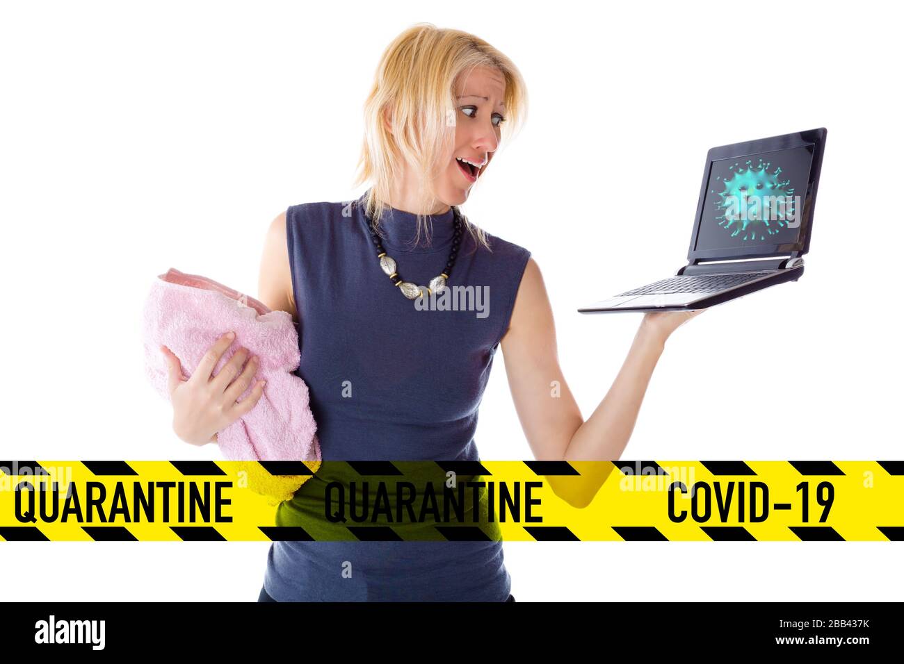 Stressed woman because Covid-19 between family and smart working. Representation of life in quarantine of a young mother holding her baby and a laptop Stock Photo