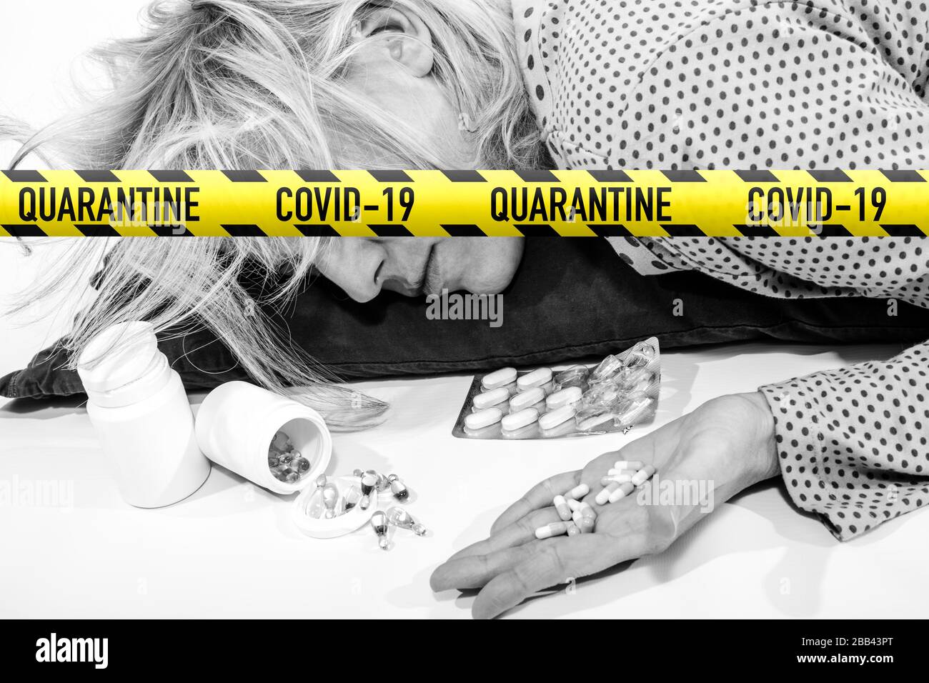Depression for Covid-19. Collapsing woman after abuse of drugs. Concept of: droge addiction, stress, pain, isolation. Coronavirus quarantine increases Stock Photo