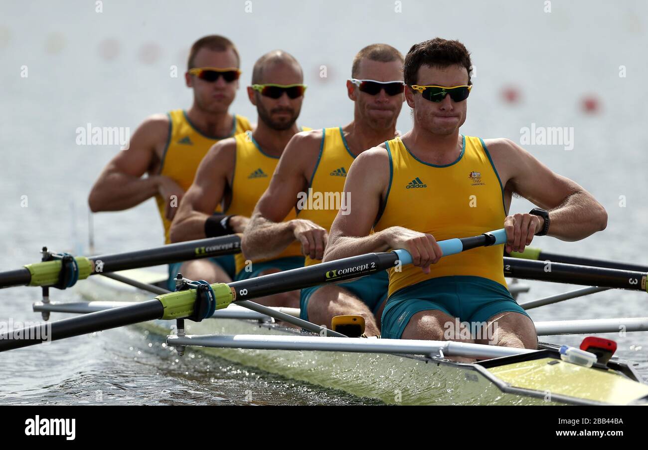 Australia's (right to left) Joshua Dunkley-Smith, Drew Ginn, James Chapman and William Lockwood in action in the men's four at Eton Dorney Lake on day three of the London 2012 Olympic Games Stock Photo
