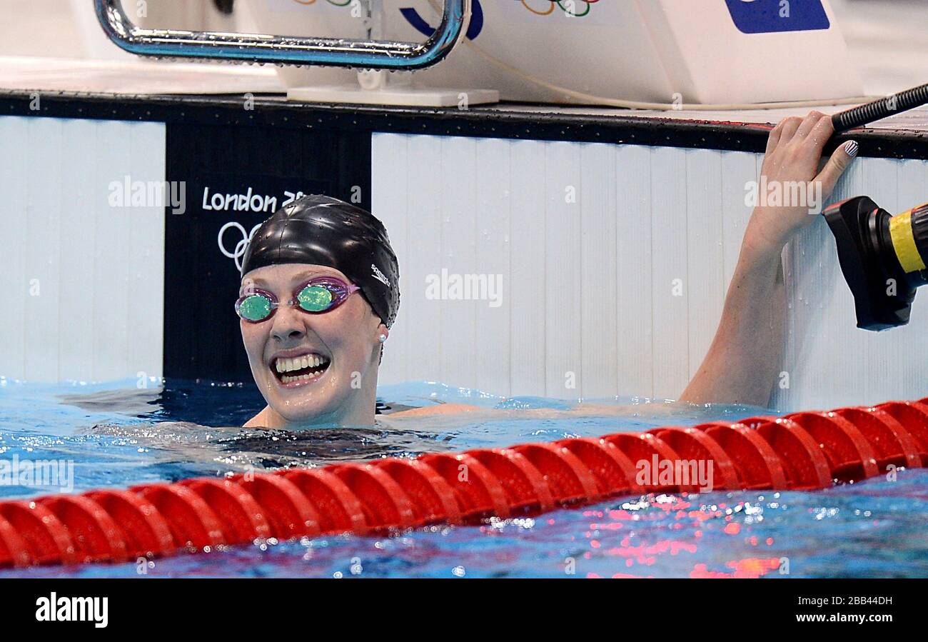 USA's Missy Franklin after winning gold in the Women's 100m Backstroke Final at the Aquatics Centre in the Olympic Park, London, Stock Photo