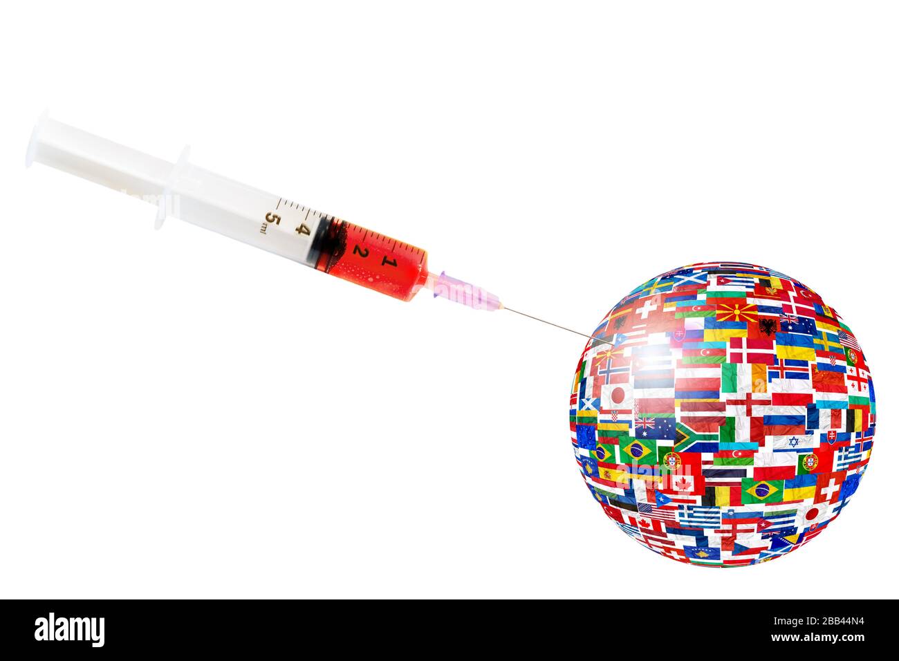 Syringe with blood: positive analysis from COVID-19 and image of world with flags of countries with Coronavirus. Covid 19-NCP virus: contagion of a Stock Photo