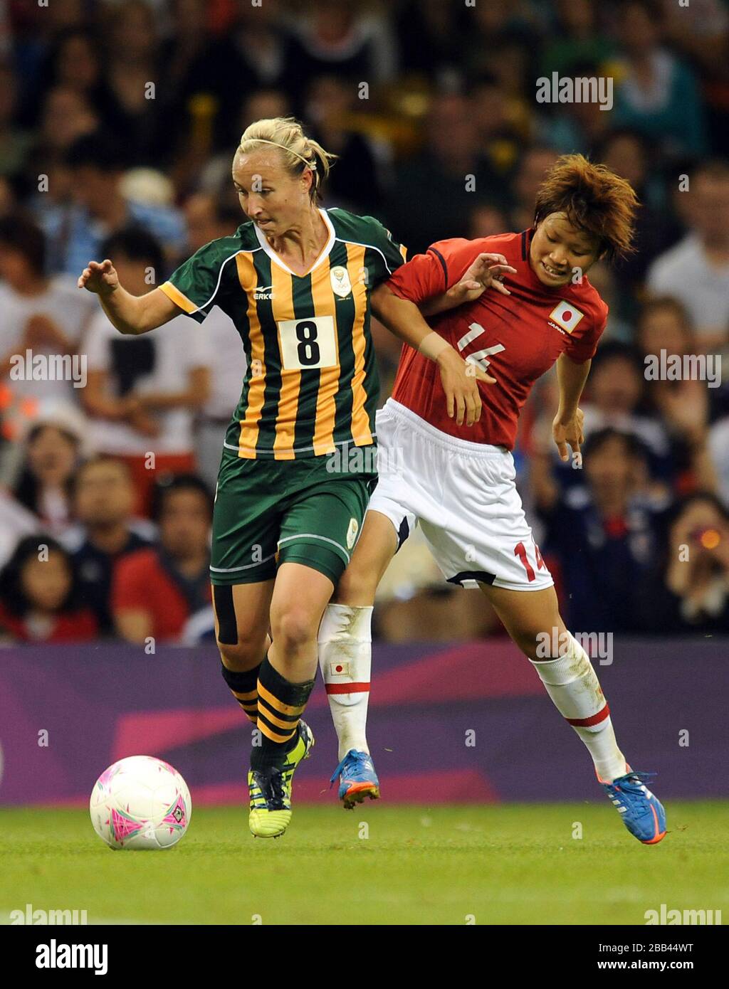 South Africa's Kylie Louw (left) and Japan's Asuna Tanaka during the South Africa v Japan, Women's Football, Group F match at the Millennium Stadium, Cardiff. Stock Photo
