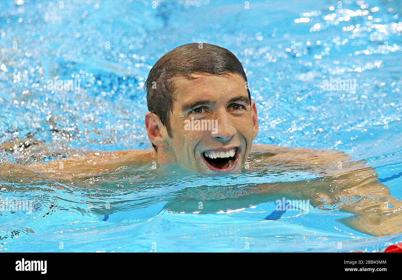Michael Phelps of the USA Mens 4x200m Freestyle celebrates winning the
