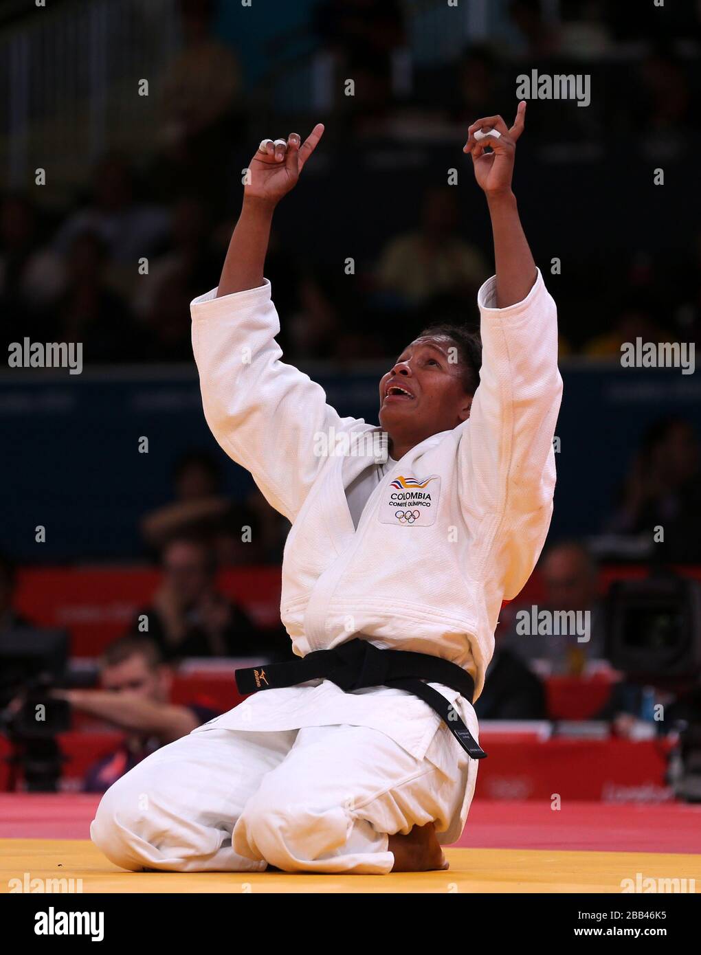 Colombia's Judo Player Yuri Alvear celebrates her Bronze Medal win in