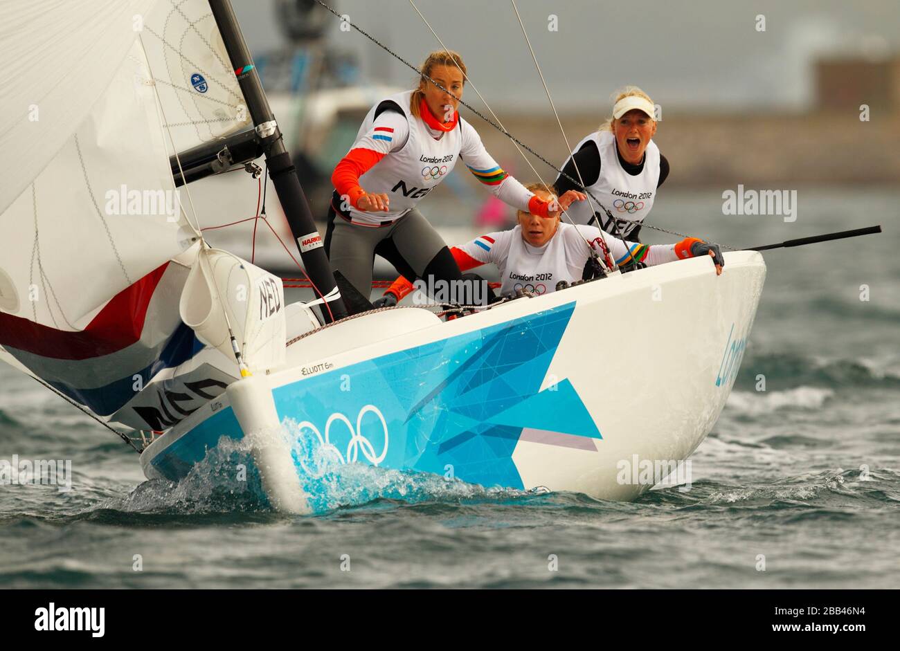 The Netherlands' Women's Match Racing team of Renee Groeneveld, Annemieke  Bes and Marcelien Bos-de Koning racing on Weymouth Bay today during the  Olympic Games Stock Photo - Alamy