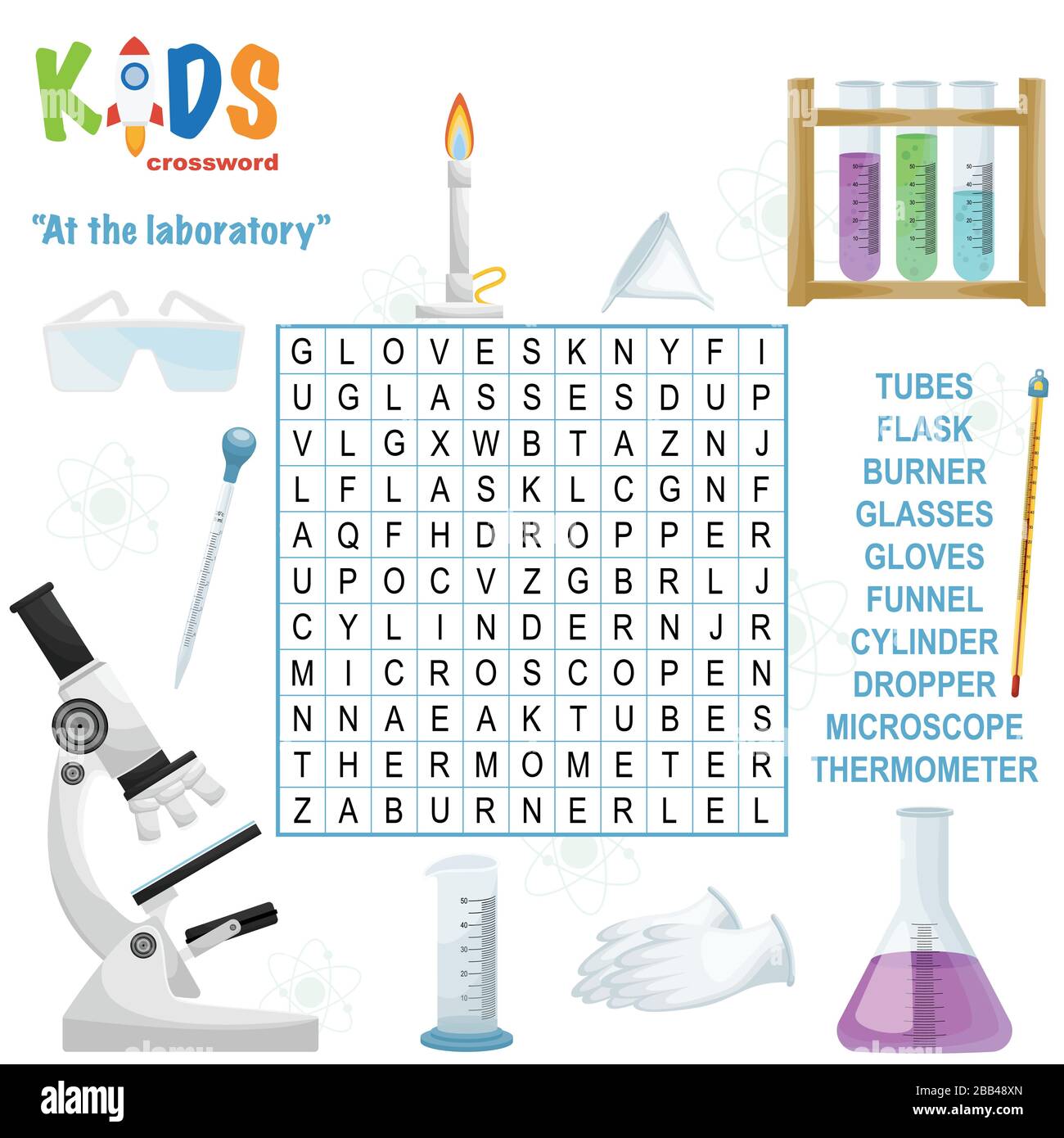 Easy word search crossword puzzle 'At the laboratory', for children in